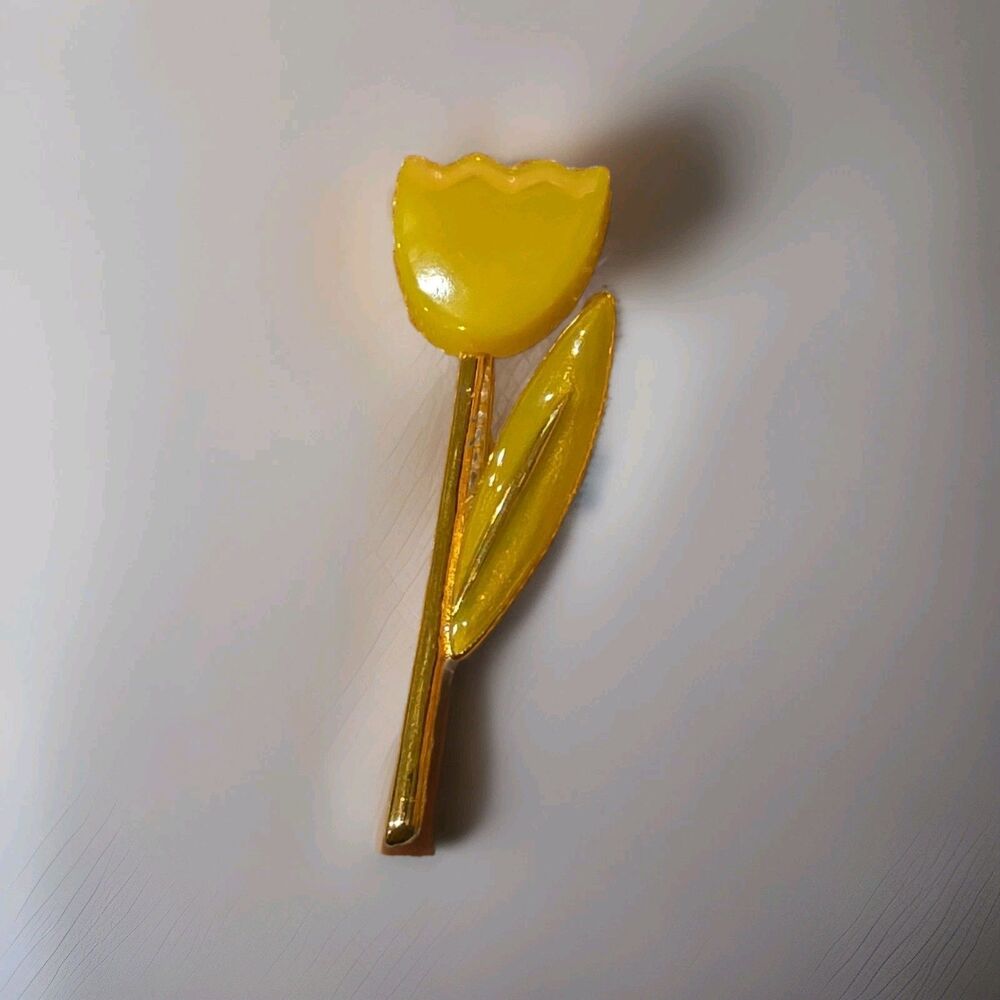 Yellow Tulip Flower Brooch Pin Gold Tone Metal & Plastic No Stone Stem Leaf 4"